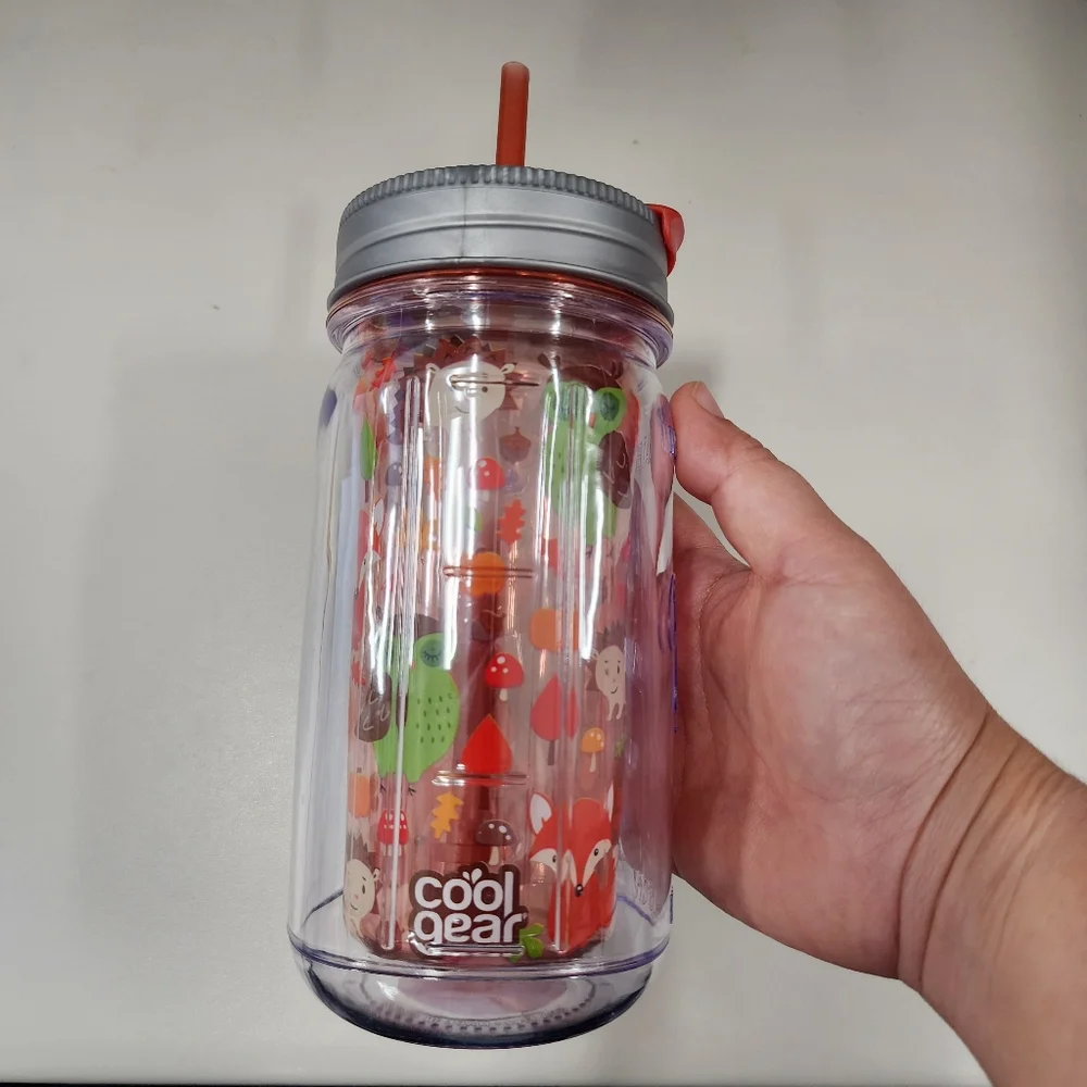 Cool Gear Plastic Mason Jar Fox Forest  Tumbler w/ Straw Insulated 16oz